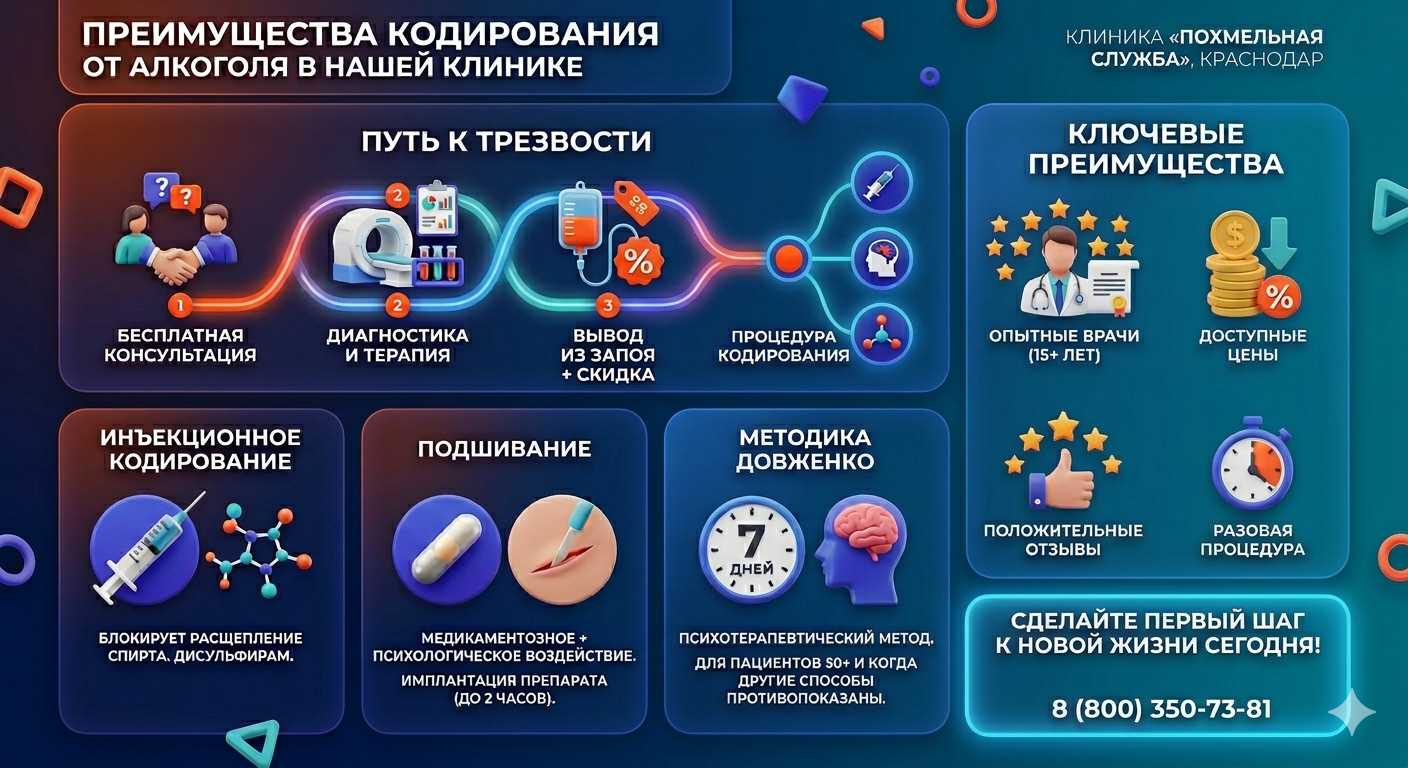 Инфографика о методах кодирования от алкоголя в Пудоже: инъекции, подшивание, метод Довженко. Преимущества клиники и этапы лечения.